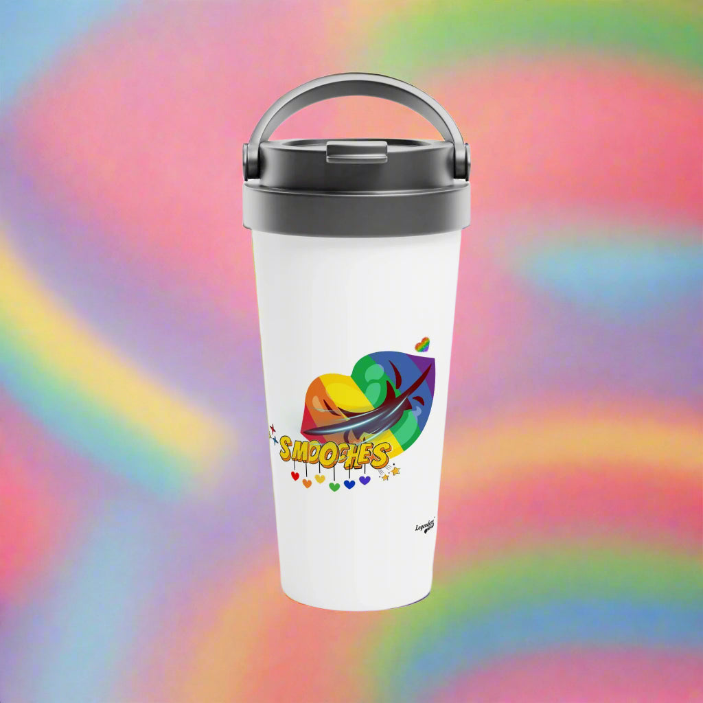 Rainbow Pride Smooches Print on White 15oz Stainless Steel Travel Mug